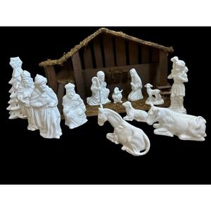 Nativity Scene Christmas Holiday Manger Baby Jesus Mary Joseph White Set W/ Tree